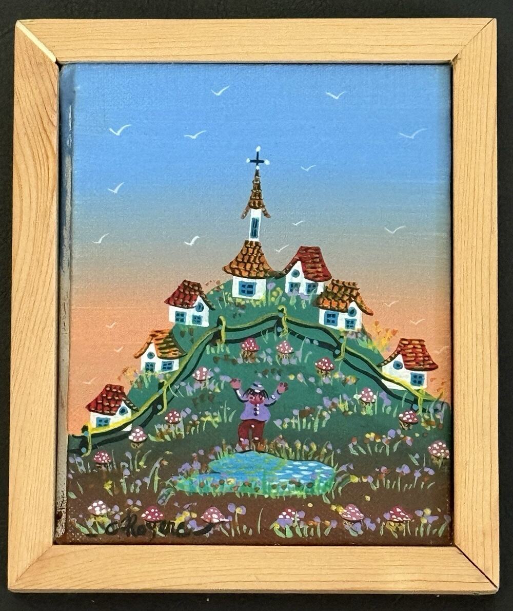 Signed Original Folk Art Painting in Frame - Hilltop Church & Village